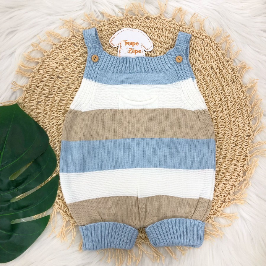  Jardineira Curta de Linha - Bolsinho e Listras Grossas Azul Bebe e Bege